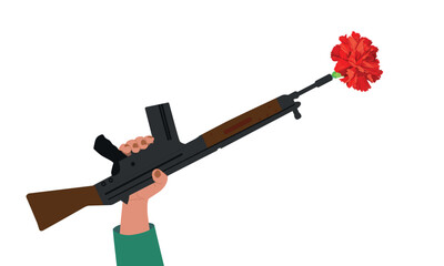 Hand with a rifle, a red carnation inserted into the barrel of the gun. Portugal's Freedom Day. Symbol of victory and revolution.