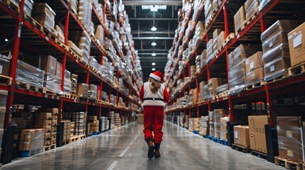 Obraz premium Santa in a warehouse a symbol of holiday logistics, shopping, and efficient shipping solutions