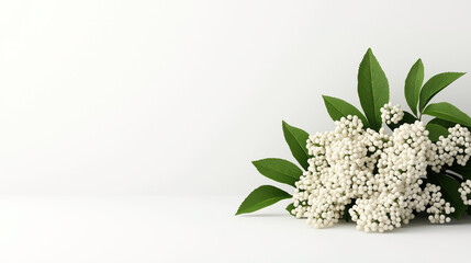 White viburnum flowers with green leaves on a minimalistic white background, showcasing a natural and serene arrangement.