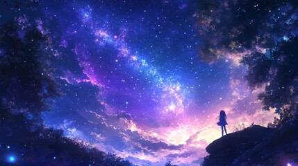 Fototapeta premium Starry sky with the Milky Way visible, deep blue and purple hues, magical and serene, perfect for nighttime stock images or celestial themes,