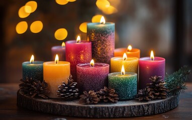 A serene set of traditional colorful aromatic candles, beautifully lit with glowing flames, arranged in a harmonious layout to evoke tranquility and warmth 