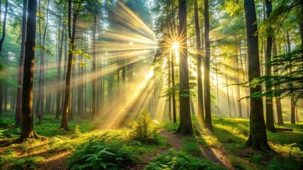 Obraz premium Sunlight streaming through a dense forest Medium Shot