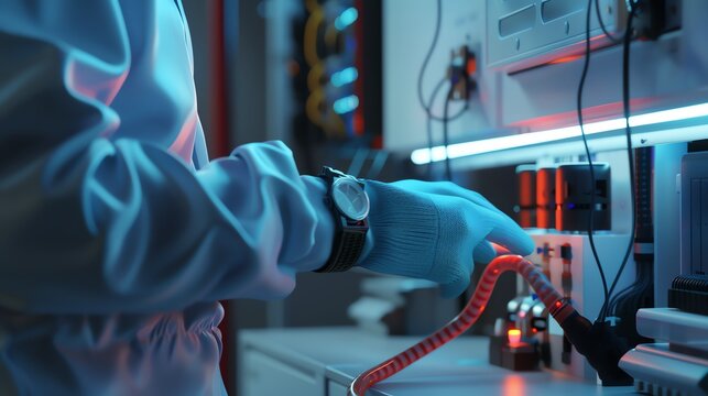 A 3D render of a technician using an antistatic wrist strap while cleaning