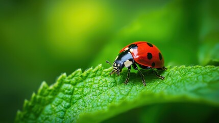 Tiny Ladybird Exploring Leaf in Macro Shot - Nature Biodiversity Concept