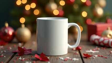 White cup on New Year background, blurred nice bokeh