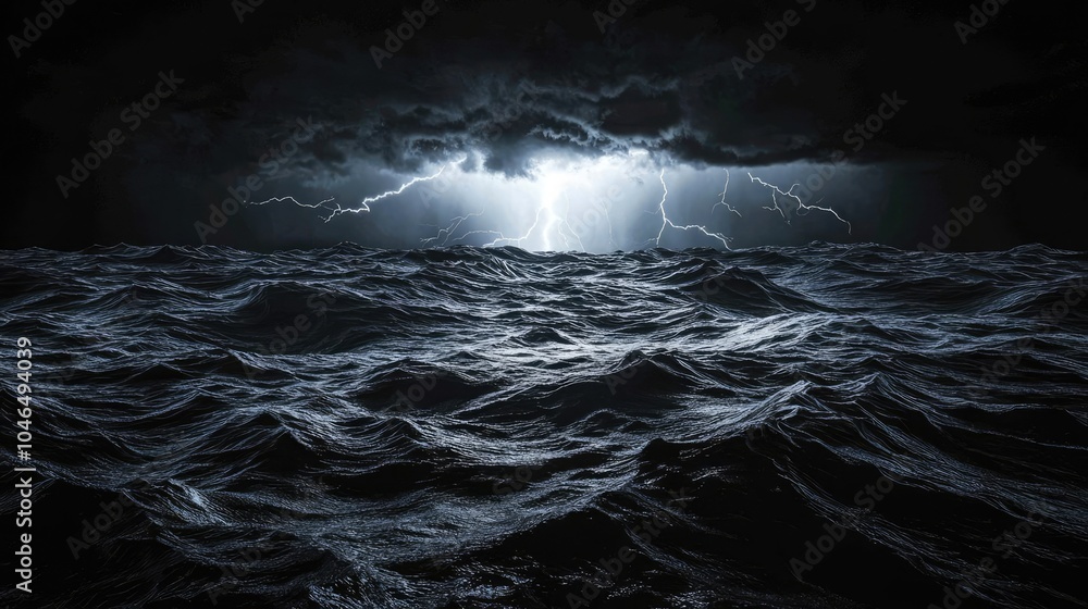 Poster stormy sea with dark waves and lightning in a cloudy sky.
