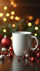 Fototapeta premium White cup on New Year background, blurred nice bokeh