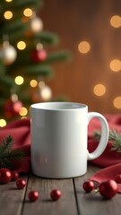 White cup on New Year background, blurred nice bokeh