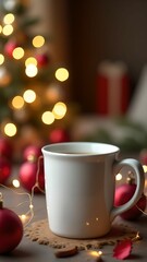 White cup on New Year background, blurred nice bokeh