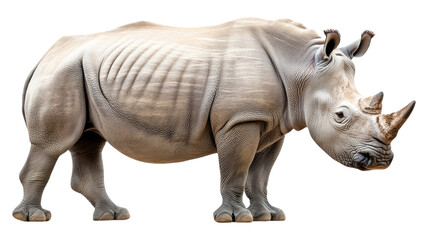 Naklejka premium A lifelike depiction of a rhinoceros standing on a transparent background with visible details of its skin texture and features.