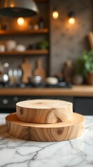 Fototapeta premium Podium, pedestal tray on the background of the kitchen. For presentation