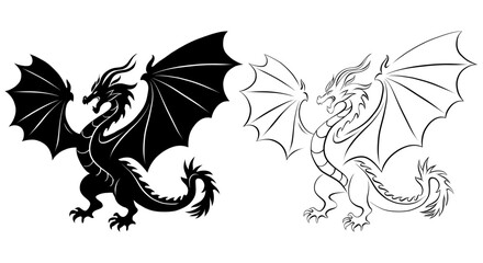 Vector set of wyvern silhouette clip art. Collection of black silhouette and outline angry dragon with wings isolated from background. Mythological fairy tale monster for tattoo. Chinese zodiac.