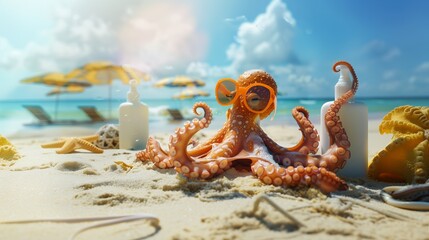 An octopus wearing sunglasses relaxes on a sandy beach with sunblock, beach chairs, and an umbrella in the background.
