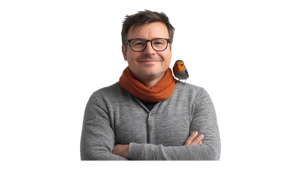 A man wearing glasses and a sweater poses confidently with a small bird perched on his shoulder indoors.