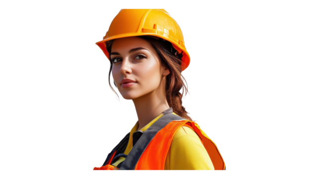 A young female construction worker in a hard hat and safety vest smiles confidently on a sunny day at a job site.