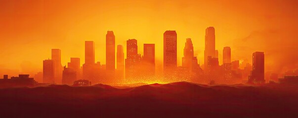 Fototapeta premium Silhouette of city skyline against a vibrant orange sunset.