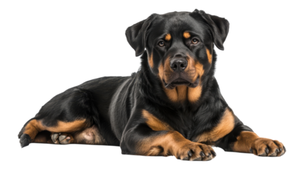 A Rottweiler lies calmly on a light background, showcasing its muscular build and alert expression in a serene indoor setting.
