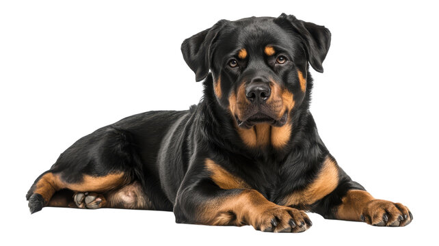 A Rottweiler lies calmly on a light background, showcasing its muscular build and alert expression in a serene indoor setting.
