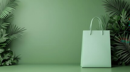 A minimalist green bag stands against a smooth green background, framed by lush foliage, creating a serene and eco-friendly aesthetic.