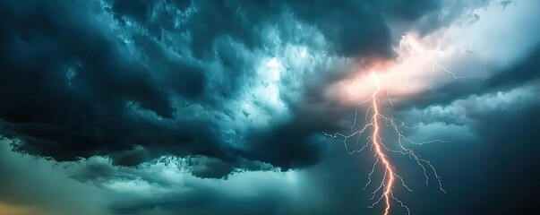 Dramatic lightning bolt striking through dark storm clouds.