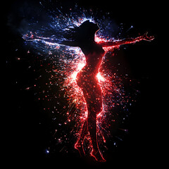Naklejka premium Silhouette of a woman surrounded by red white and blue sparks for the 4th of July 