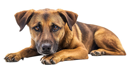 Obraz premium A relaxed brown dog lying down indoors with alert eyes, showcasing a gentle demeanor and a calm presence on a soft surface.