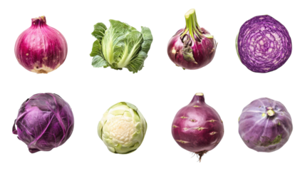 Various colorful vegetables including onions, cabbage, and radishes arranged in an attractive layout on a transparent background.