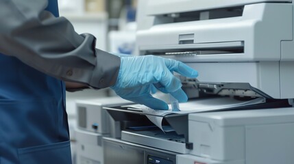 Naklejka premium A detailed view of a technician cleaning a copiers paper path
