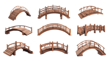 Collection of wooden footbridges showcasing various designs suitable for parks and gardens in nature settings.