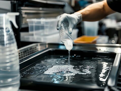 A detailed view of a technician applying cleaning fluid to a copier part