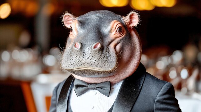 Smug Baby Hippo in Tuxedo Look