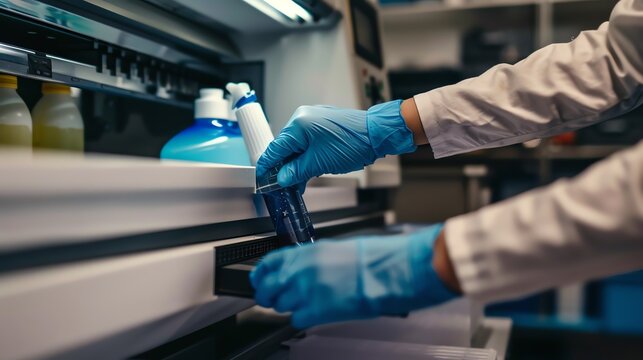 A detailed view of a technician applying cleaning fluid to a copier part
