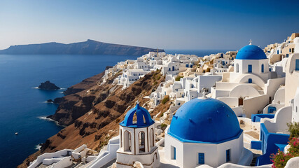 Picturesque view of white-washed buildings and blue domes overlooking the sea in Santorini, Greece.