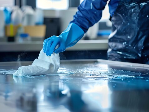 A detailed view of a technician applying cleaning fluid to a copier part