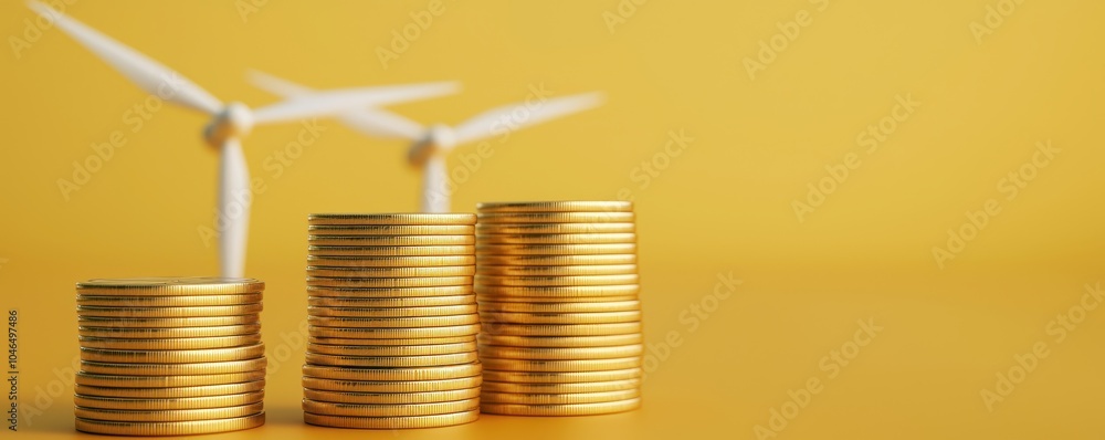 Poster the image features stacks of gold coins next to wind turbines, symbolizing the connection between fi