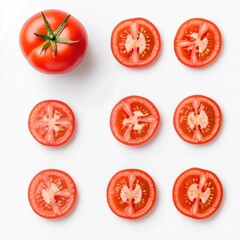 A ripe tomato sits above neatly arranged slices, showcasing vibrant red color and juicy texture, perfect for salads or sandwiches.