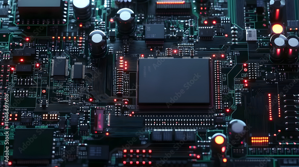 Poster intricate details of circuit board showcase electronic components and their connectivity features