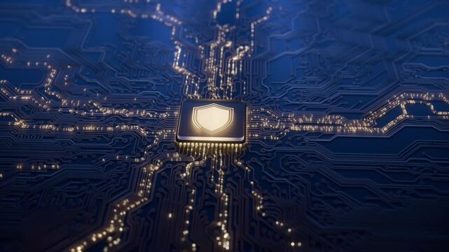 Digital security hologram of virtual shield lock icon on circuit board. Finance data privacy and VPN service protection concept. Blockchain and secure crypto wallet background. Private cloud storage