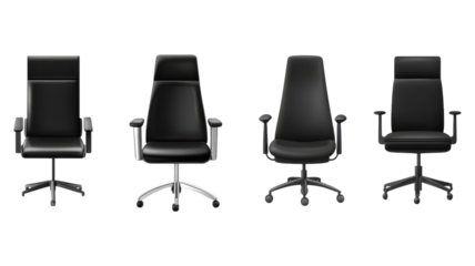 Four modern office chairs in black leather with various designs showcased on a transparent background for ergonomic seating options.