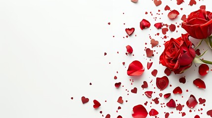 Two red roses with petals and hearts scattered on a white background, leaving space for text.
