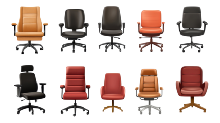 A collection of ten office chairs in various styles and colors displayed against a transparent background.