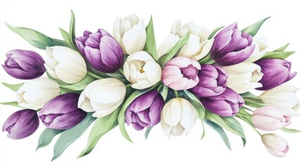Fototapeta premium A vibrant arrangement of purple and white tulips, beautifully illustrated with lush green leaves, creating an elegant floral display.