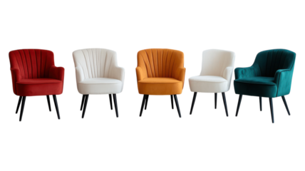 Colorful collection of stylish armchairs arranged in a row against a transparent background, perfect for interior design inspiration.