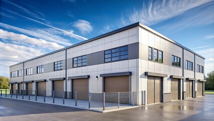 Modern Architectural Design with Multiple Garage Doors and Windows Against a Blue Sky with Clouds