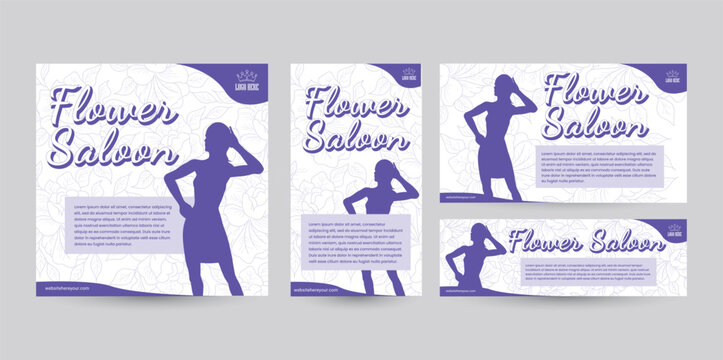 Set of social media template designs with various ratio orientations from portrait to landscape package. Purple banner design with a silhouette of a woman and for business or beauty products.
