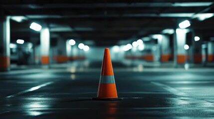 A selective focus on a single traffic cone in the middle of an empty parking lot, with blurred lines and signs 
