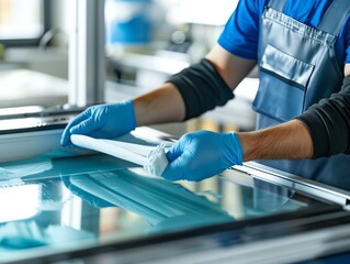 A technician cleaning a copier s glass bed with a microfiber cloth