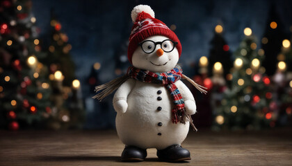 Obraz premium Charming snowman figurine wearing a red knit hat and scarf standing in a cozy Christmas setting with twinkling lights in the background
