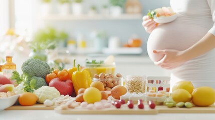 A pregnant woman holds a bowl of healthy food surrounded by a variety of vibrant fruits and vegetables on a bright kitchen counter.