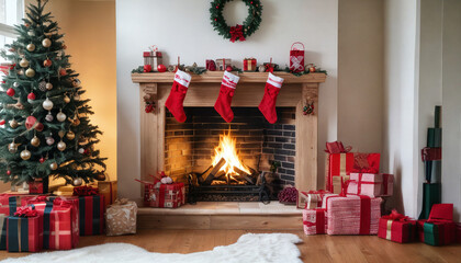 Festive holiday living room with a decorated fireplace, Christmas tree, and wrapped gifts in a cozy atmosphere